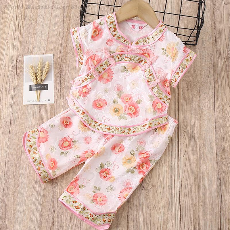 Summer Clothing Baby Girl - 女の赤ちゃん唐スーツ夏プリント伝統服子供中国風甘いチャイナドレスセット百日写真撮影漢服
