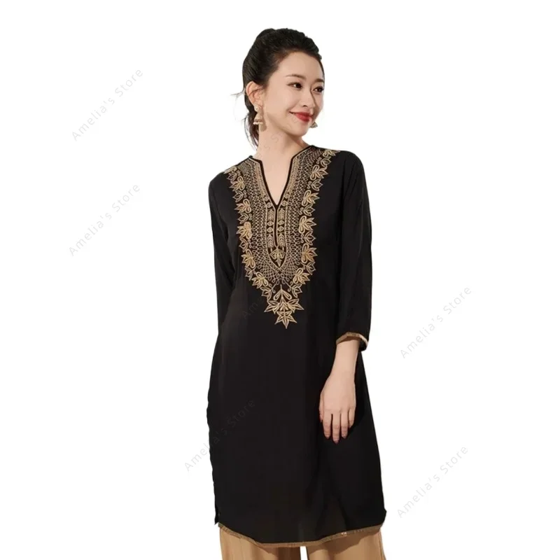 Summer Clothing Pakistan - 女性用、インド風の伝統的な刺繍入りコットンブラウス。ヴィンテージ風で、スリムに見せる効果があり、春夏のカジュアルウェアやインド風のドレスに最適。