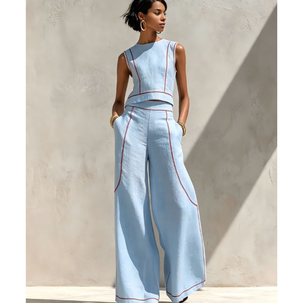 Summer Zara - ファッションストライプカラーマッチングレディースベストパンツ2点セット夏新作気質女性オフィスワイドレッグパンツスーツ2026