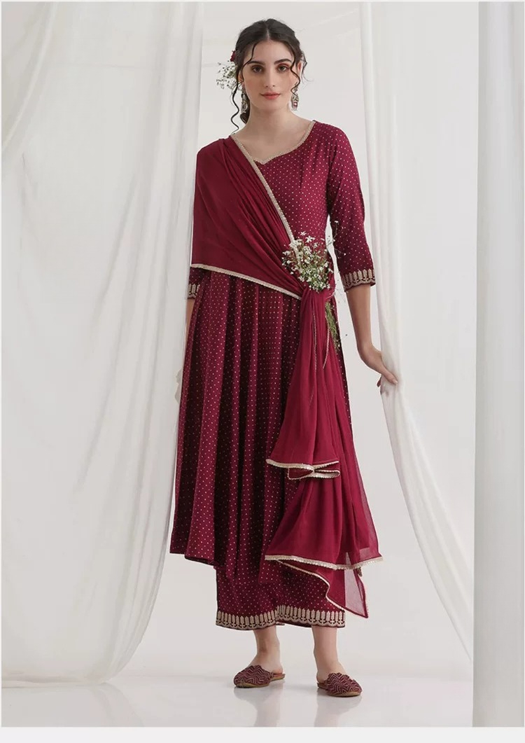 Summer Clothing Pakistan - 女性用マルーンエスニッククルタセット ポルカドットプリント コットン3点セット エレガントな夏のインド伝統衣装 スリムフィット