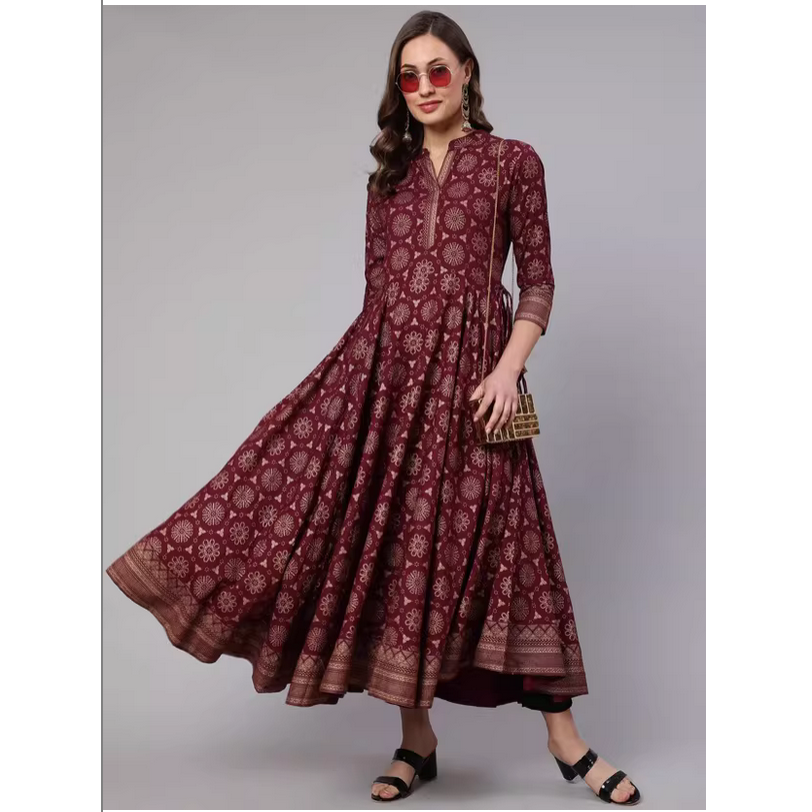 Summer Clothing Pakistan - 春夏コレクション インド民族風 シルクプリント スタンドカラー ボルドーレッド ロングドレス