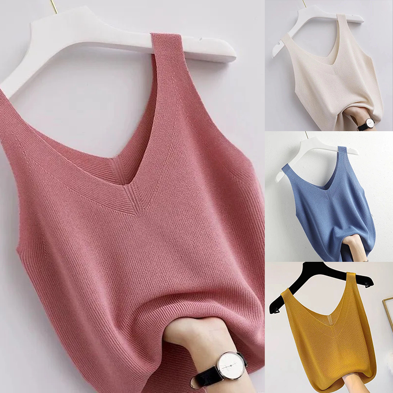 Summer Zara - ニットヴィンテージタンクトップ V ネックノースリーブ美的ルーズ夏の服女性のための固体ベーシックエレガントな婦人服