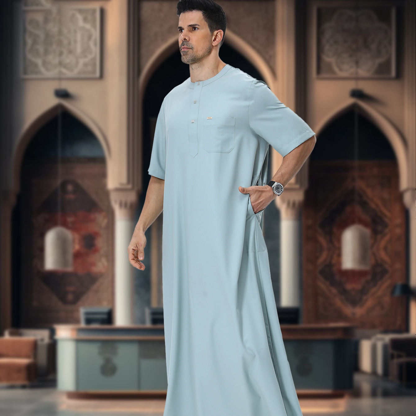 Summer Clothing Pakistan - ムスリム男性用アバヤ・カフタン・パキスタン・サウジアラビア・ジェラバ・半袖ローブ・ジュバ・トーブ・アバヤ・カフタン・トゥーブ・ラマダン・イスラム服