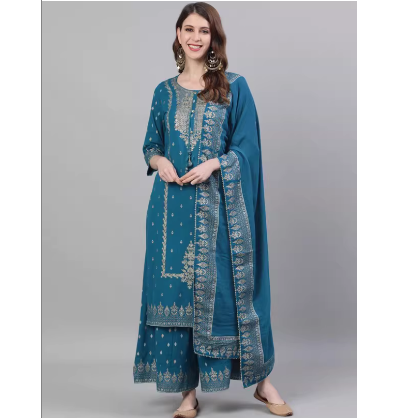 Summer Clothing Pakistan - 春夏 インド民族風 100% コットン プリント ネイビーブルー