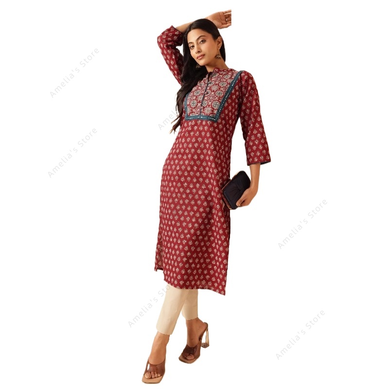 春夏 レディース エスニック マルーン 花柄プリント クルタ - Summer Clothing Pakistan のレビューと価格